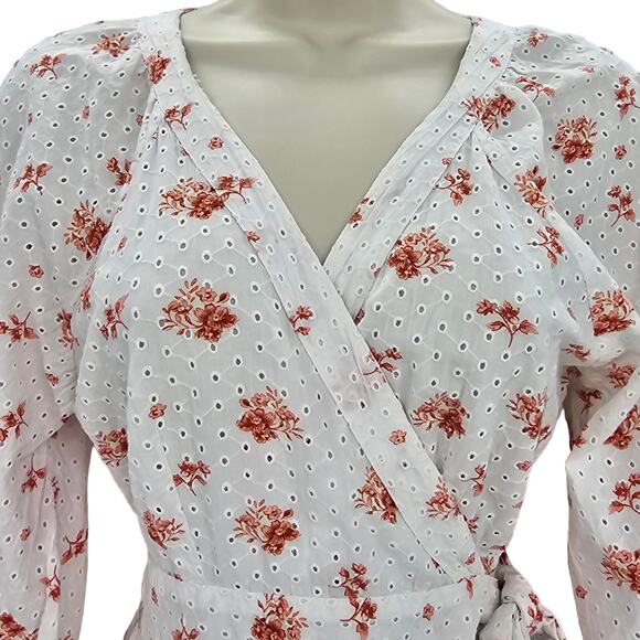 Maia Bergman Womans size M Ines Floral Eyelet Tiered True Wrap Mini Dress Ivory - Picture 2 of 8